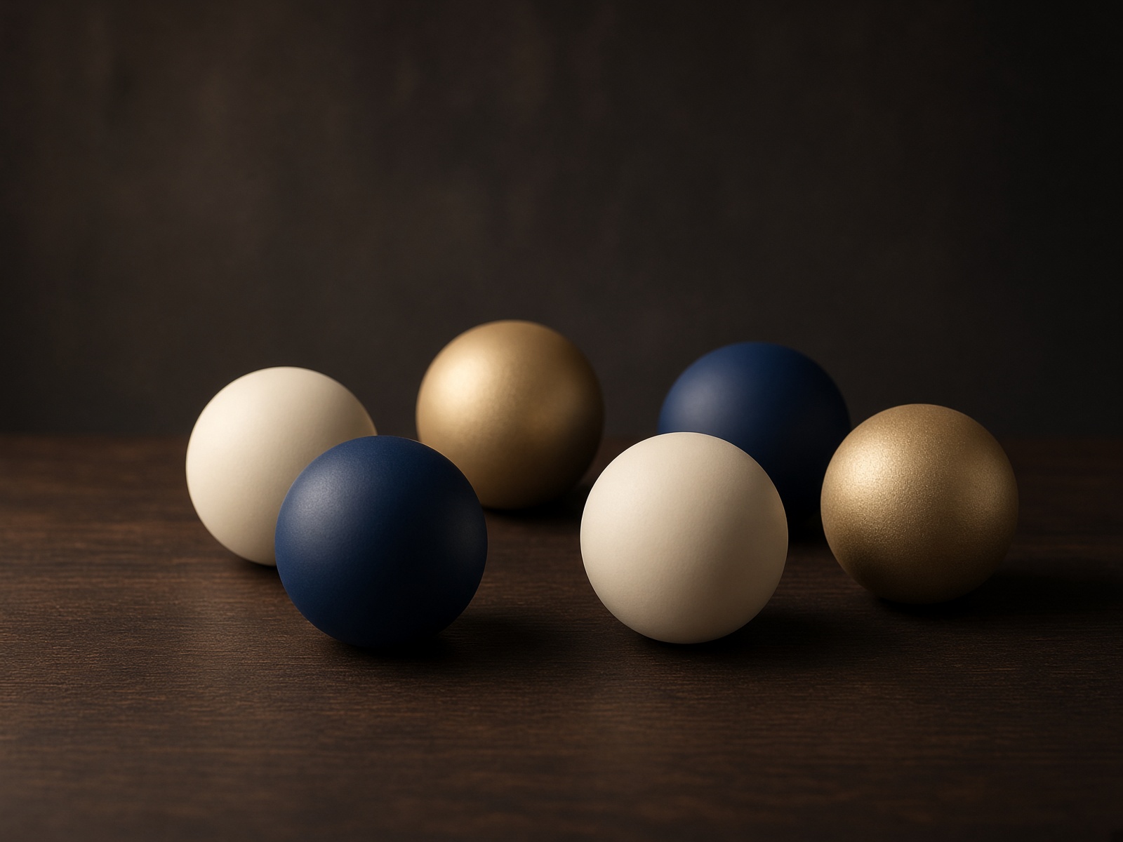 Enam bola keramik biru, gading, dan emas di atas kayu walnut